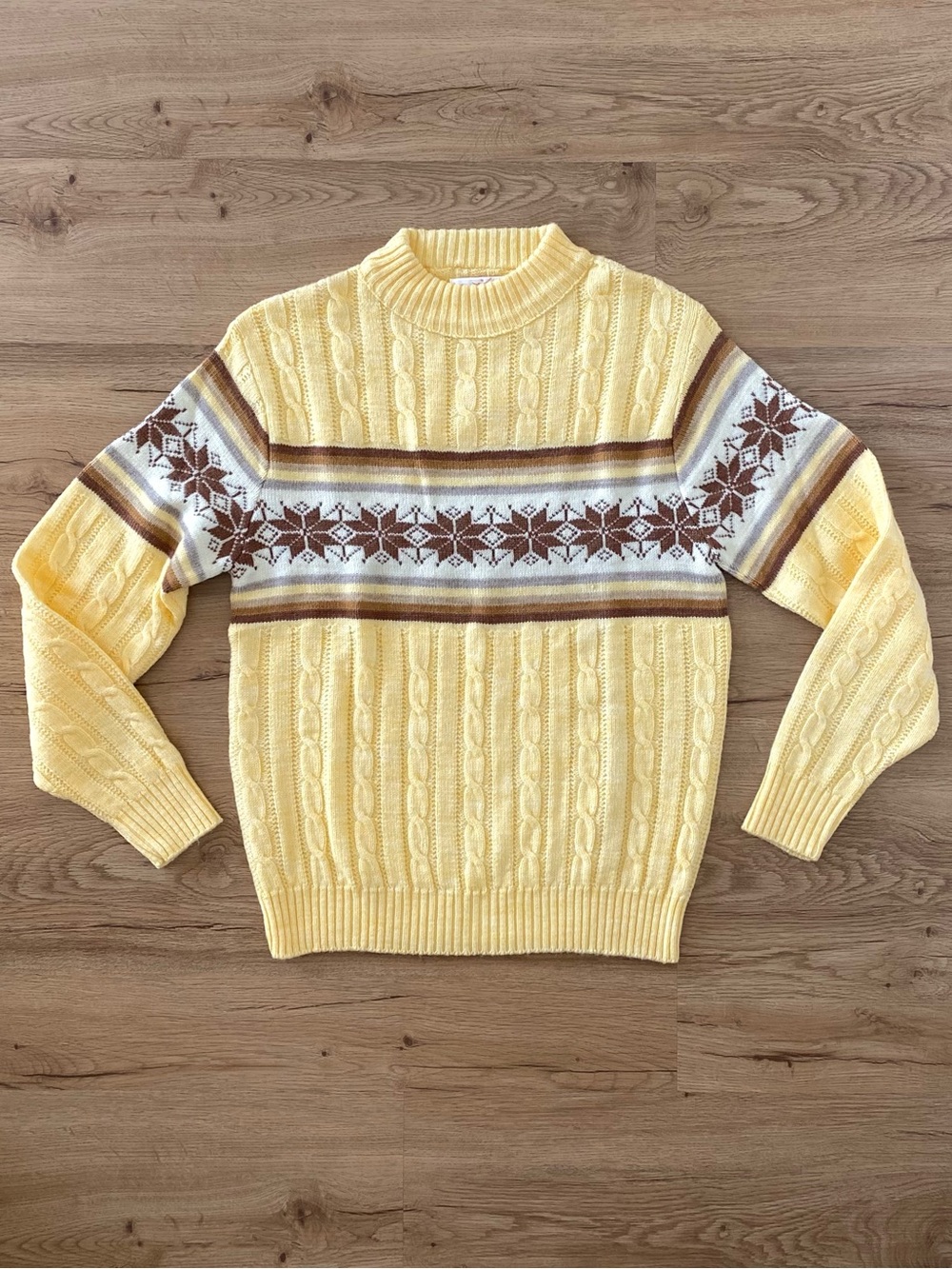 70s yellow cable knit fair isle sweater